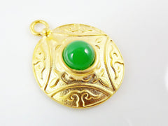 Round Dome Tribal Pendant with Green Glass Accent - 22k Matte Gold plated - 1pc