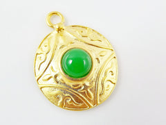 Round Dome Tribal Pendant with Green Glass Accent - 22k Matte Gold plated - 1pc