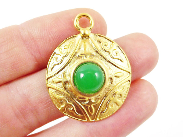 Round Dome Tribal Pendant with Green Glass Accent - 22k Matte Gold plated - 1pc