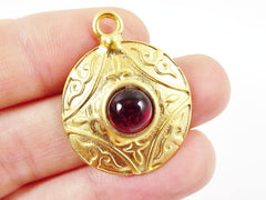 Round Dome Tribal Pendant with Red Glass Accent - 22k Matte Gold plated - 1pc