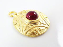 Round Dome Tribal Pendant with Red Glass Accent - 22k Matte Gold plated - 1pc