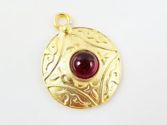 Round Dome Tribal Pendant with Red Glass Accent - 22k Matte Gold plated - 1pc