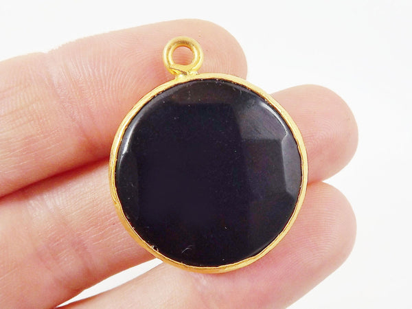 26mm Black Faceted Onyx Pendant - Gold plated Bezel - 1pc