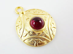 Round Dome Tribal Pendant with Red Glass Accent - 22k Matte Gold plated - 1pc