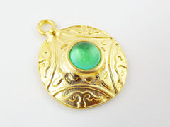 Round Dome Tribal Pendant with Frosted Teal Glass Accent - 22k Matte Gold plated - 1pc