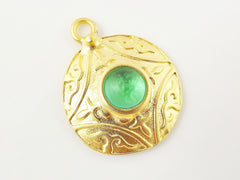 Round Dome Tribal Pendant with Frosted Teal Glass Accent - 22k Matte Gold plated - 1pc