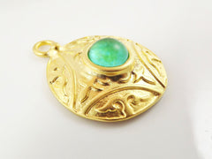 Round Dome Tribal Pendant with Frosted Teal Glass Accent - 22k Matte Gold plated - 1pc