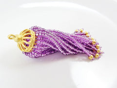 Long Sparkly Lilac Purple Beaded Tassel - 22k Matte Gold Plated Brass - 1PC