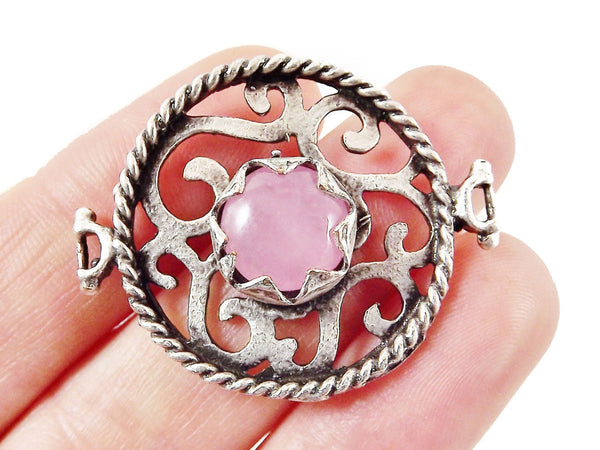 Pale Pink Jade Stone Fretworked Circle Connector Pendant - Matte Silver Plated - 1PC