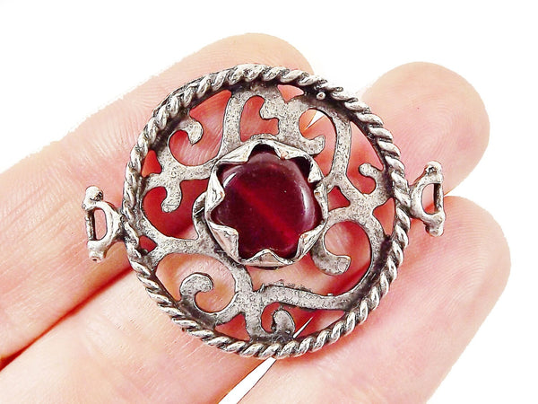 Deep Red Jade Stone Fretworked Circle Connector Pendant - Matte Silver Plated - 1PC