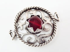 Deep Red Jade Stone Fretworked Circle Connector Pendant - Matte Silver Plated - 1PC
