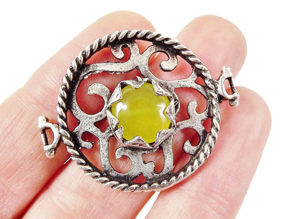 Lime Yellow Jade Stone Fretworked Circle Connector Pendant - Matte Silver Plated - 1PC
