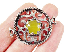 Lime Yellow Jade Stone Fretworked Circle Connector Pendant - Matte Silver Plated - 1PC