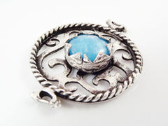 Blue Jade Stone Fretworked Circle Connector Pendant - Matte Silver Plated - 1PC