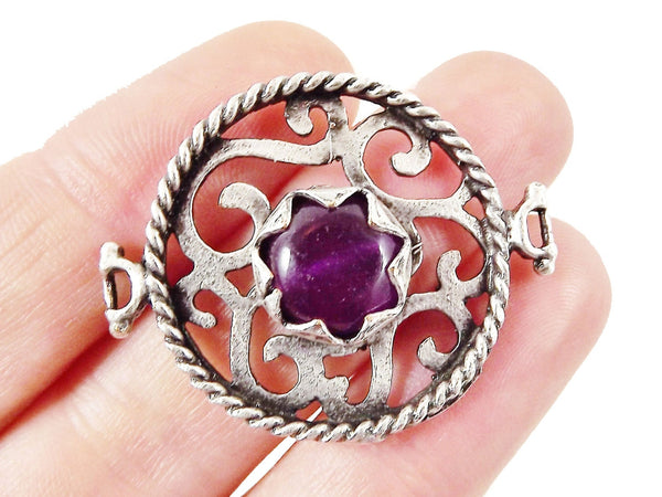 Purple Jade Stone Fretworked Circle Connector Pendant - Matte Silver Plated - 1PC