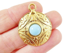Round Dome Tribal Pendant with Pale Blue Glass Accent - 22k Matte Gold plated - 1pc