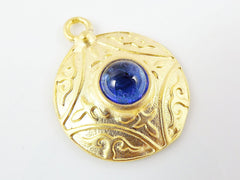 Round Dome Tribal Pendant with Blue Glass Accent - 22k Matte Gold plated - 1pc