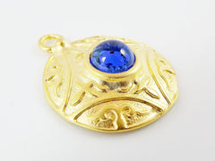 Round Dome Tribal Pendant with Blue Glass Accent - 22k Matte Gold plated - 1pc