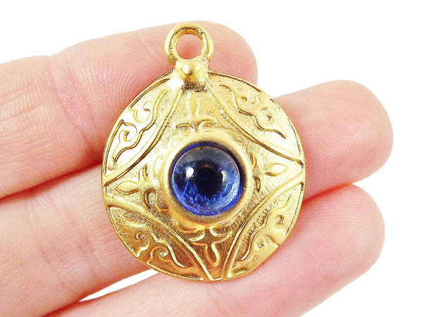 Round Dome Tribal Pendant with Blue Glass Accent - 22k Matte Gold plated - 1pc