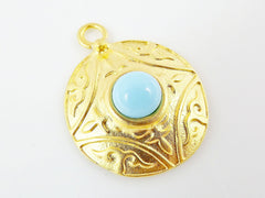 Round Dome Tribal Pendant with Pale Blue Glass Accent - 22k Matte Gold plated - 1pc