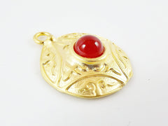 Round Dome Tribal Pendant with Pompeian Red Glass Accent - 22k Matte Gold plated - 1pc