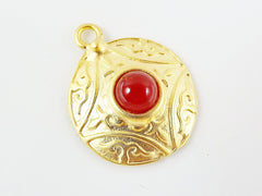 Round Dome Tribal Pendant with Pompeian Red Glass Accent - 22k Matte Gold plated - 1pc