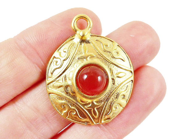 Round Dome Tribal Pendant with Pompeian Red Glass Accent - 22k Matte Gold plated - 1pc