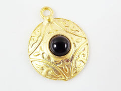 Round Dome Tribal Pendant with Black Glass Accent - 22k Matte Gold plated - 1pc