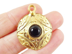 Round Dome Tribal Pendant with Black Glass Accent - 22k Matte Gold plated - 1pc
