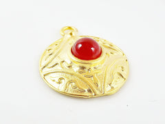 Round Dome Tribal Pendant with Pompeian Red Glass Accent - 22k Matte Gold plated - 1pc