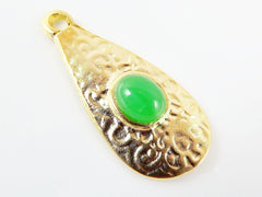 Textured Teardrop Pendant with Green Oval Glass Accent - 22k Matte Gold plated - 1pc