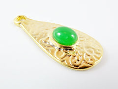 Textured Teardrop Pendant with Green Oval Glass Accent - 22k Matte Gold plated - 1pc