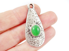 Textured Teardrop Pendant with Green Oval Glass Accent - Matte Silver plated - 1pc