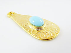 Textured Teardrop Pendant with Pale Blue Oval Glass Accent - 22k Matte Gold plated - 1pc