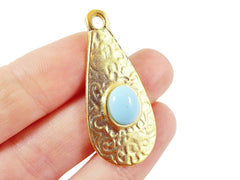 Textured Teardrop Pendant with Pale Blue Oval Glass Accent - 22k Matte Gold plated - 1pc