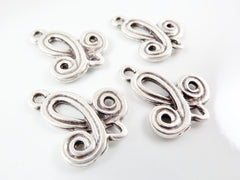 4 Scroll Motif Connector Charm - Matte Silver Plated - 4pc