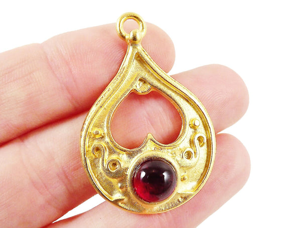 Teardrop Pendant with Red Glass Accent - 22k Matte Gold plated - 1pc