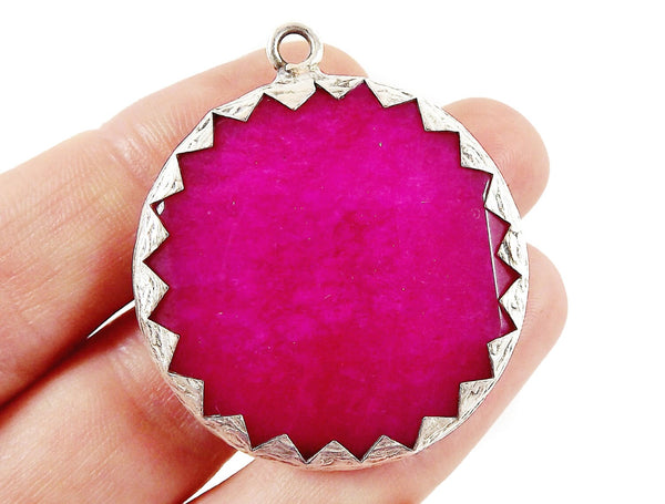 36mm Violet Pink Pendant, Jade Stone Pendant, Facet Cut, Pink Pendant, Pink Stone, Hot Pink, Silver Bezel, Rustic - Matte Silver Plated 1pc