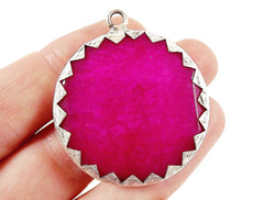 36mm Violet Pink Pendant, Jade Stone Pendant, Facet Cut, Pink Pendant, Pink Stone, Hot Pink, Silver Bezel, Rustic - Matte Silver Plated 1pc