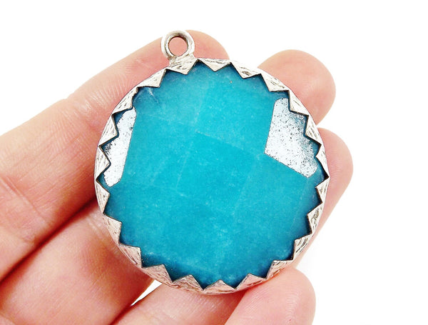 36mm Aqua Teal Faceted Jade Stone Pendant - Matte Silver Plated 1pc