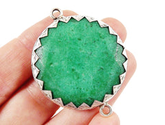 36mm Green Faceted Jade Connector Pendant - Matte Silver Plated 1pc