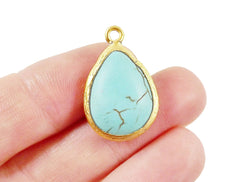 Turquoise Teardrop Pendant, Tear Drop Gemstone Pendant Charm, 22k Matte Gold plated Bezel, 1pc