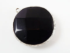 36mm Black Onyx Faceted Stone Pendant - Matte Silver Plated 1pc