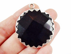 36mm Black Onyx Faceted Stone Pendant - Matte Silver Plated 1pc