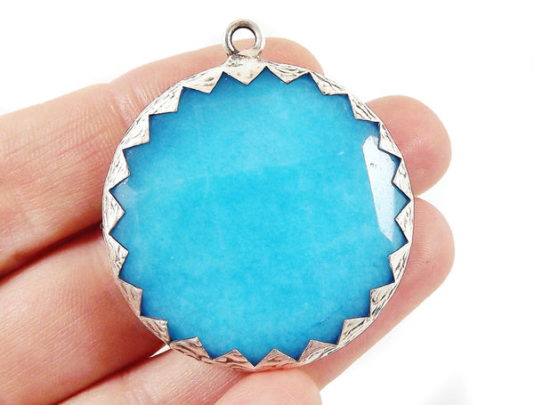 36mm Blue Faceted Jade Stone Pendant - Matte Silver Plated 1pc