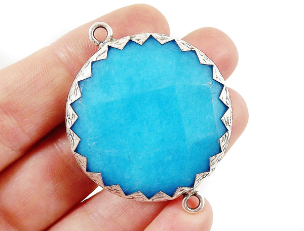 36mm Blue Faceted Jade Connector Pendant - Matte Silver Plated 1pc