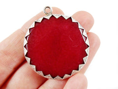 36mm Deep Red Faceted Jade Stone Pendant, Serrated Silver Bezel, Red Pendant, Boho Bohemian Jewellery - Matte Silver Plated 1pc