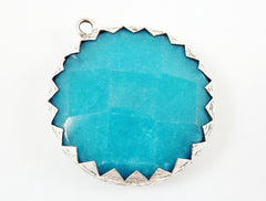 36mm Aqua Teal Faceted Jade Stone Pendant - Matte Silver Plated 1pc