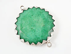 36mm Green Faceted Jade Connector Pendant - Matte Silver Plated 1pc