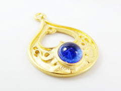 Teardrop Pendant with Blue Glass Accent - 22k Matte Gold plated - 1pc